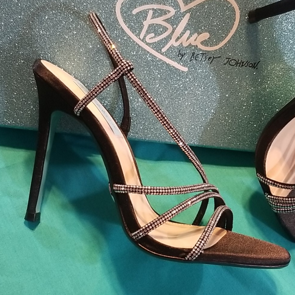 Betsey Johnson Blue Jessa Brown Satin Rhinestone Stiletto Sandals Square Toe 7.5 - Picture 2 of 12